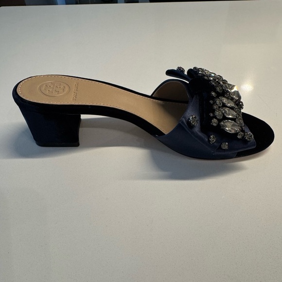 Tory Burch Bow Velvet Crystal slide heels size 5.5 navy blue - Picture 8 of 16